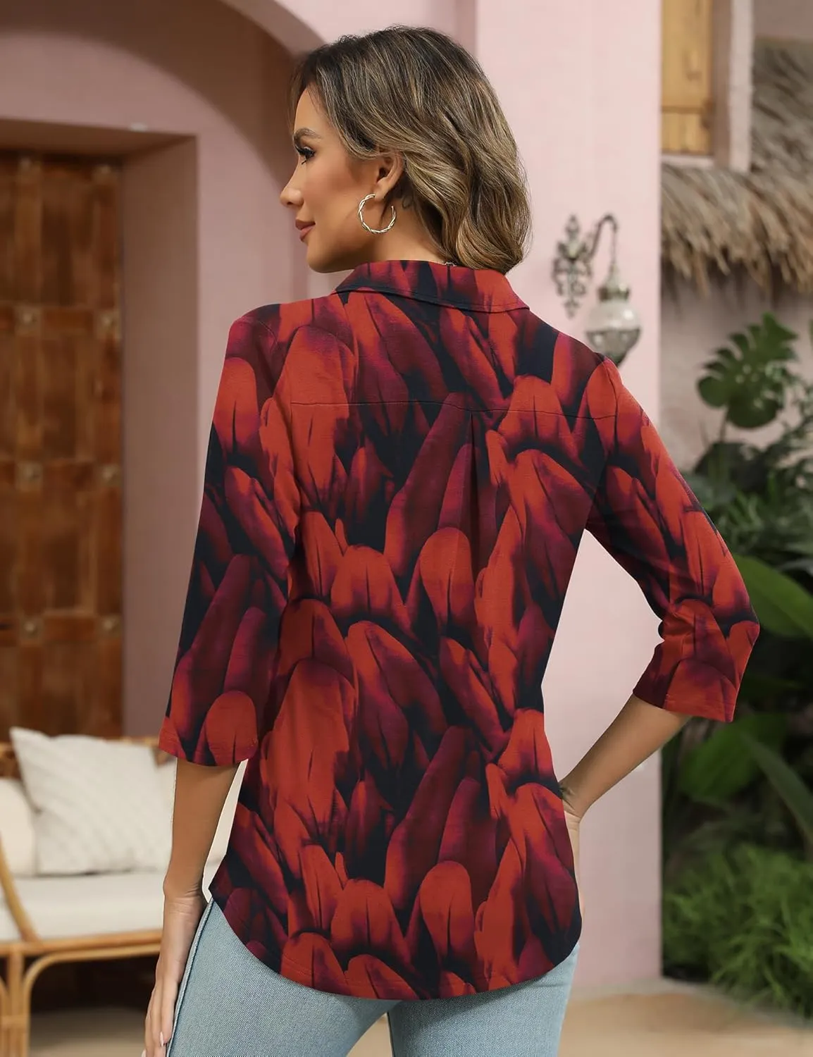 Womens 3/4 Sleeve V Neck T Shirt Floral Collared Button Down Shirts for Women S-XXL