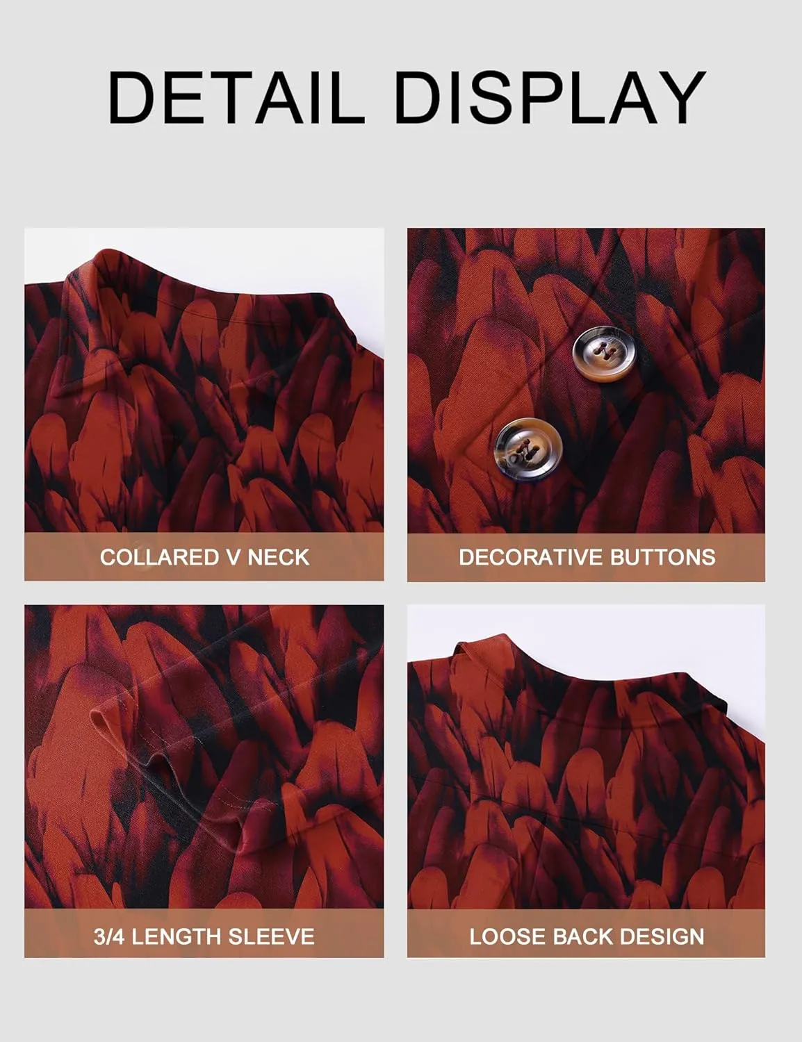 Womens 3/4 Sleeve V Neck T Shirt Floral Collared Button Down Shirts for Women S-XXL
