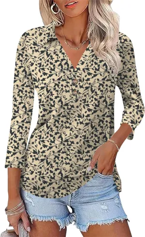 Womens 3/4 Sleeve V Neck T Shirt Floral Collared Button Down Shirts for Women S-XXL