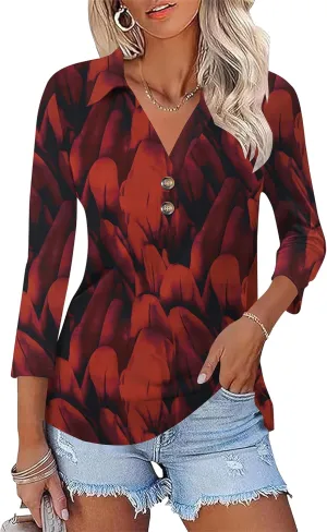 Womens 3/4 Sleeve V Neck T Shirt Floral Collared Button Down Shirts for Women S-XXL