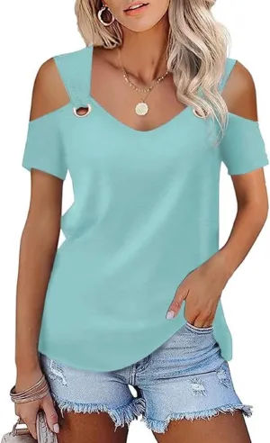 Womens Fashion Cold Shoulder Tops V Neck Blouse Tunic Shirts Summer Short Sleeve T Shirts