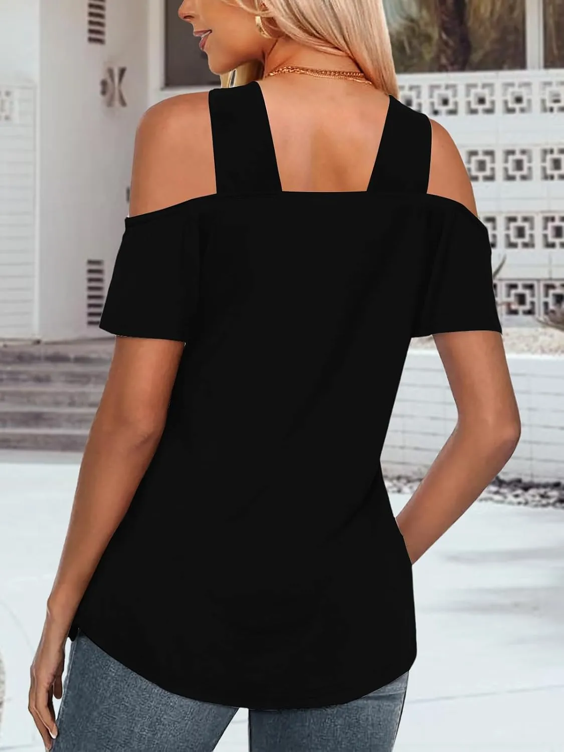 Womens Fashion Cold Shoulder Tops V Neck Blouse Tunic Shirts Summer Short Sleeve T Shirts