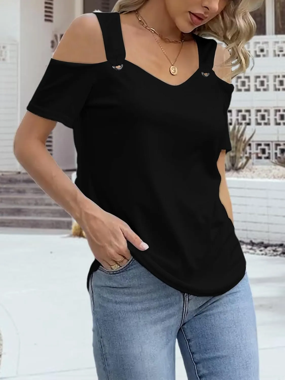 Womens Fashion Cold Shoulder Tops V Neck Blouse Tunic Shirts Summer Short Sleeve T Shirts