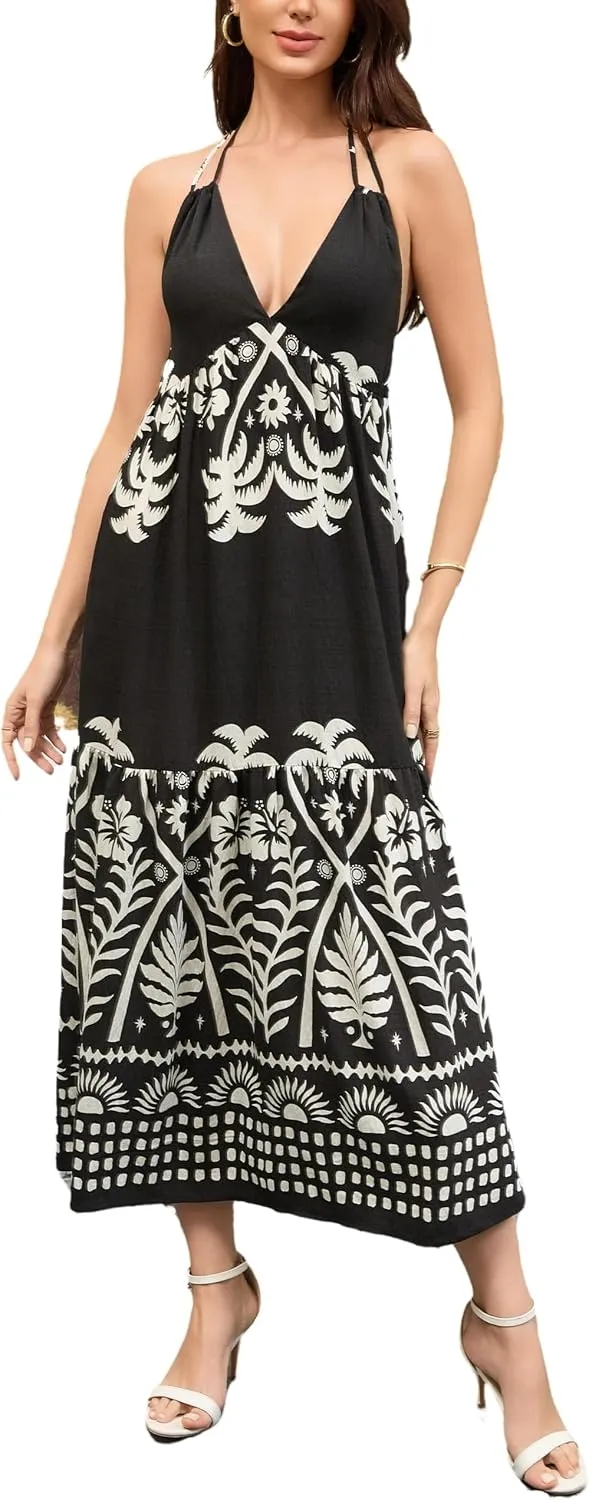 Women's Floral Dress Summer Backless Maxi Dresses Boho Deep V Halter Neck A line Dresses