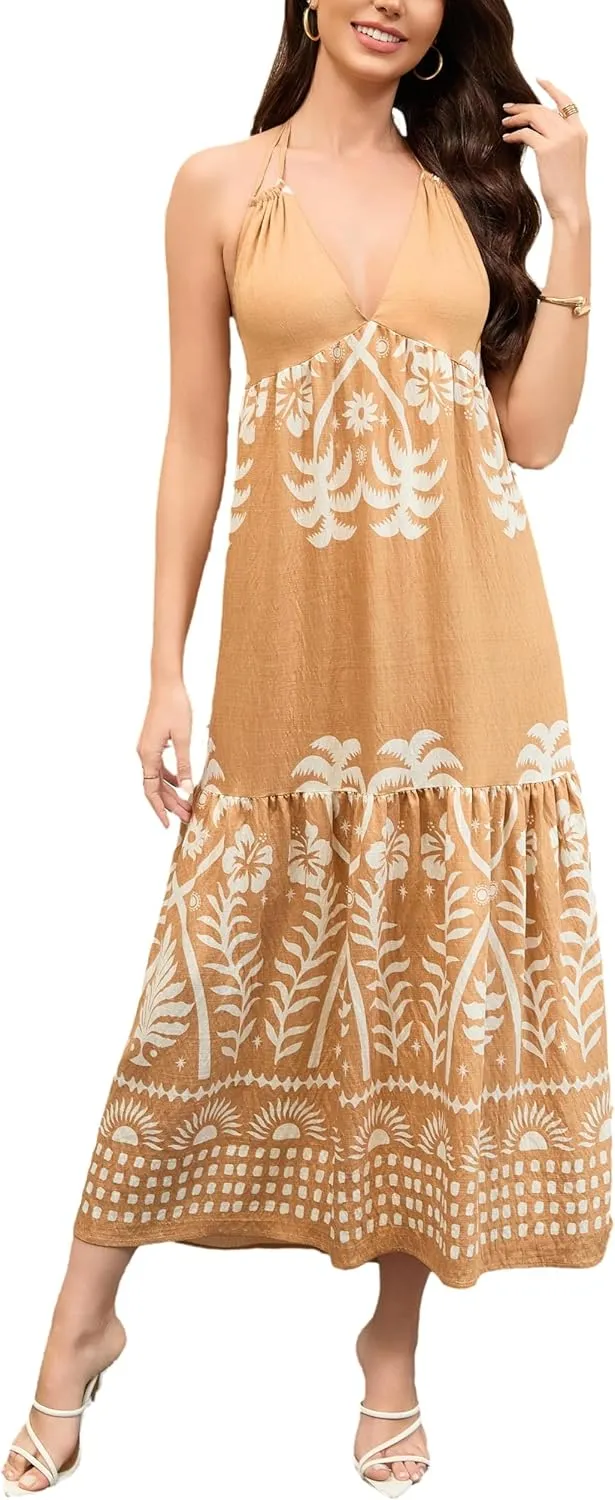 Women's Floral Dress Summer Backless Maxi Dresses Boho Deep V Halter Neck A line Dresses