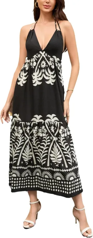 Women's Floral Dress Summer Backless Maxi Dresses Boho Deep V Halter Neck A line Dresses