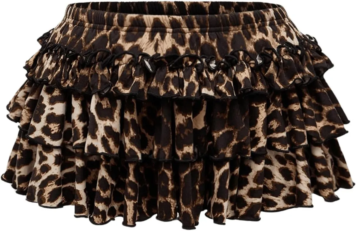 Women's Leopard Print Ruffle Mini Skirt Tiered Layered A Line Y2K Short Cake Skirts