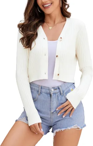 Women's Long Sleeve Cropped Cardigan Sweaters V Neck Solid Button Down Knit Bolero Shrugs