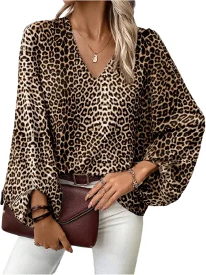 Women's Plus Size Leopard Print V Neck Blouses Dressy Casual Shirts Long Bishop Sleeve Tops