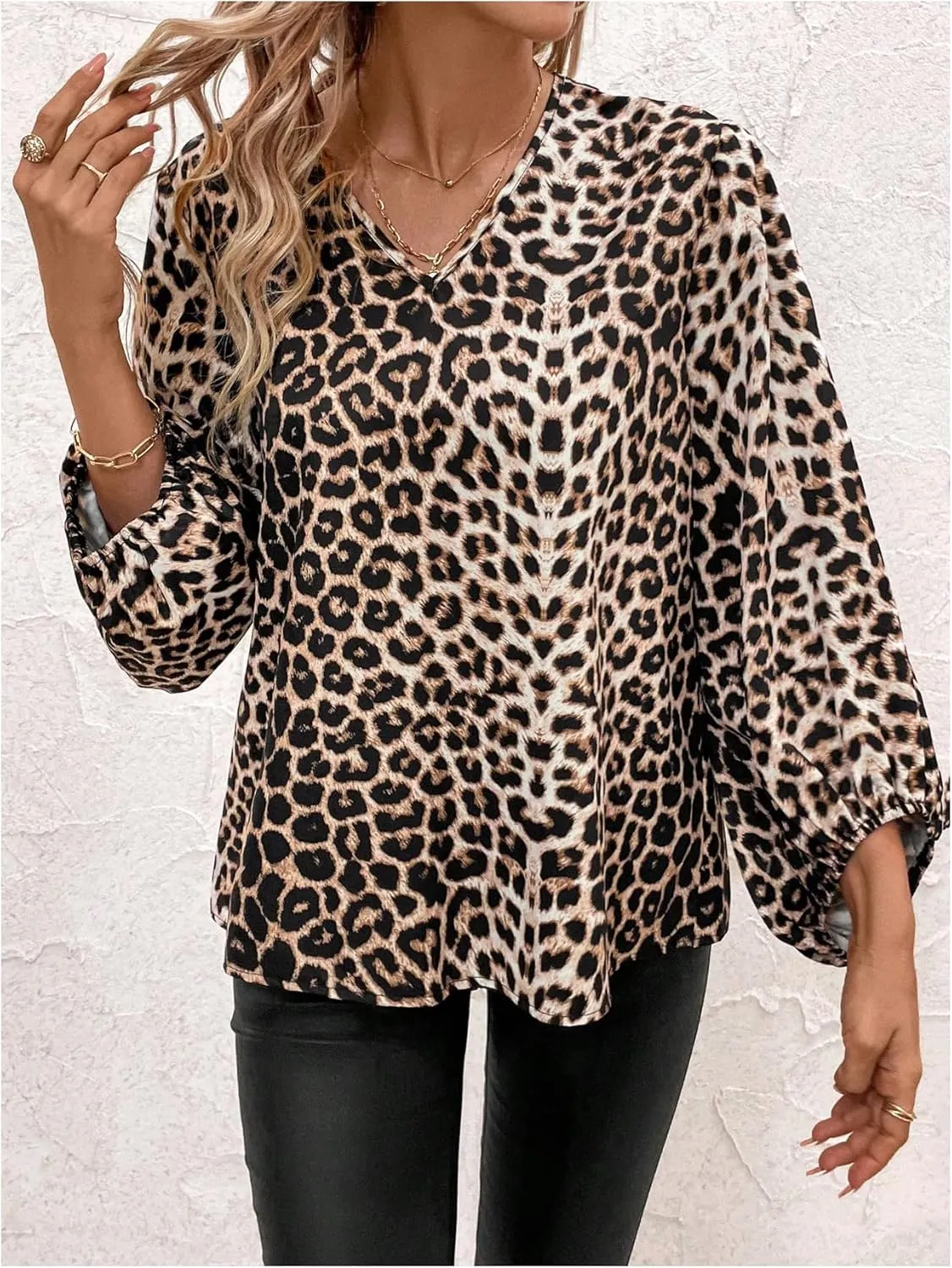 Women's Plus Size Leopard Print V Neck Blouses Dressy Casual Shirts Long Bishop Sleeve Tops