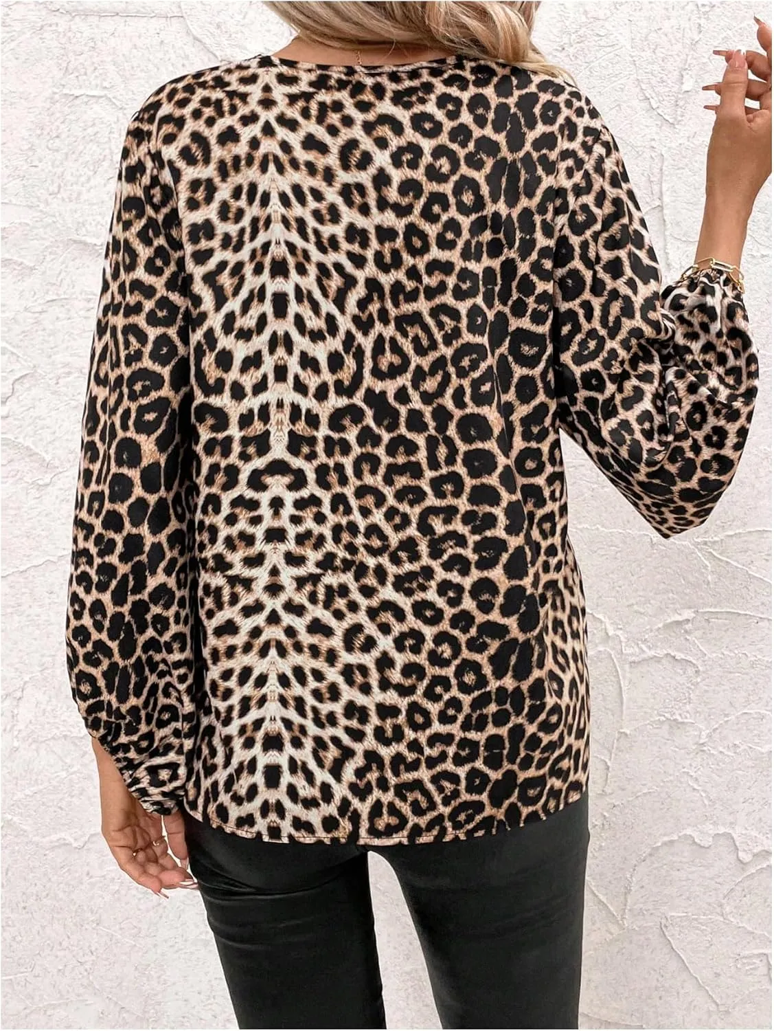 Women's Plus Size Leopard Print V Neck Blouses Dressy Casual Shirts Long Bishop Sleeve Tops