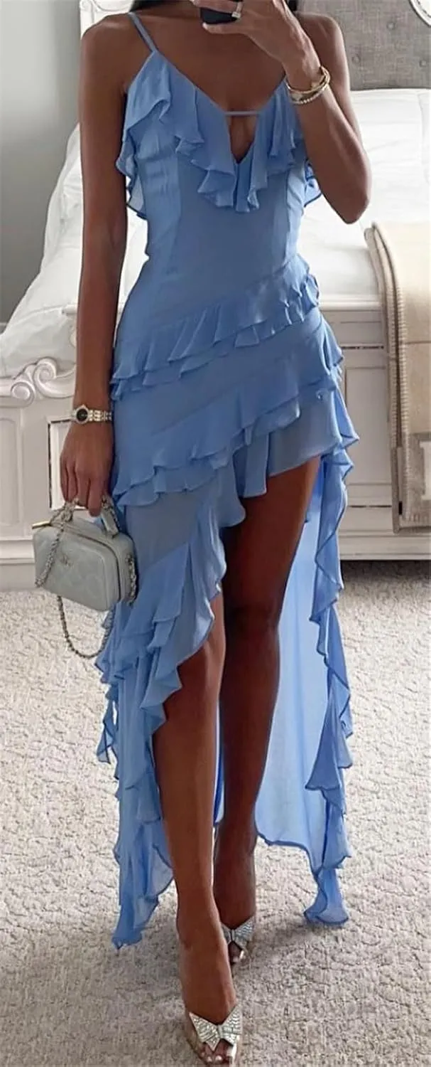 Womens Sexy Spaghetti Strap V Neck Bodycon Ruffles Ruched High Low Hem Party Clubwear Mini Dress