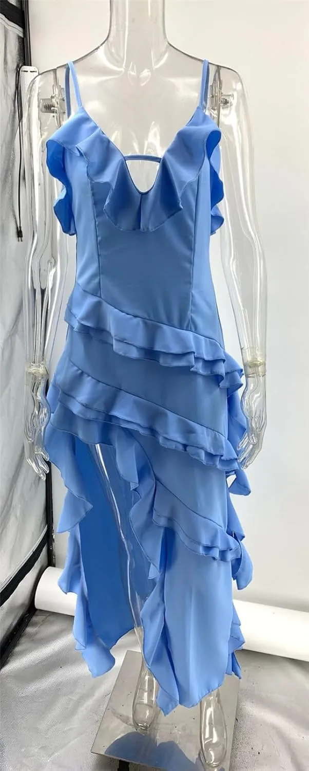 Womens Sexy Spaghetti Strap V Neck Bodycon Ruffles Ruched High Low Hem Party Clubwear Mini Dress