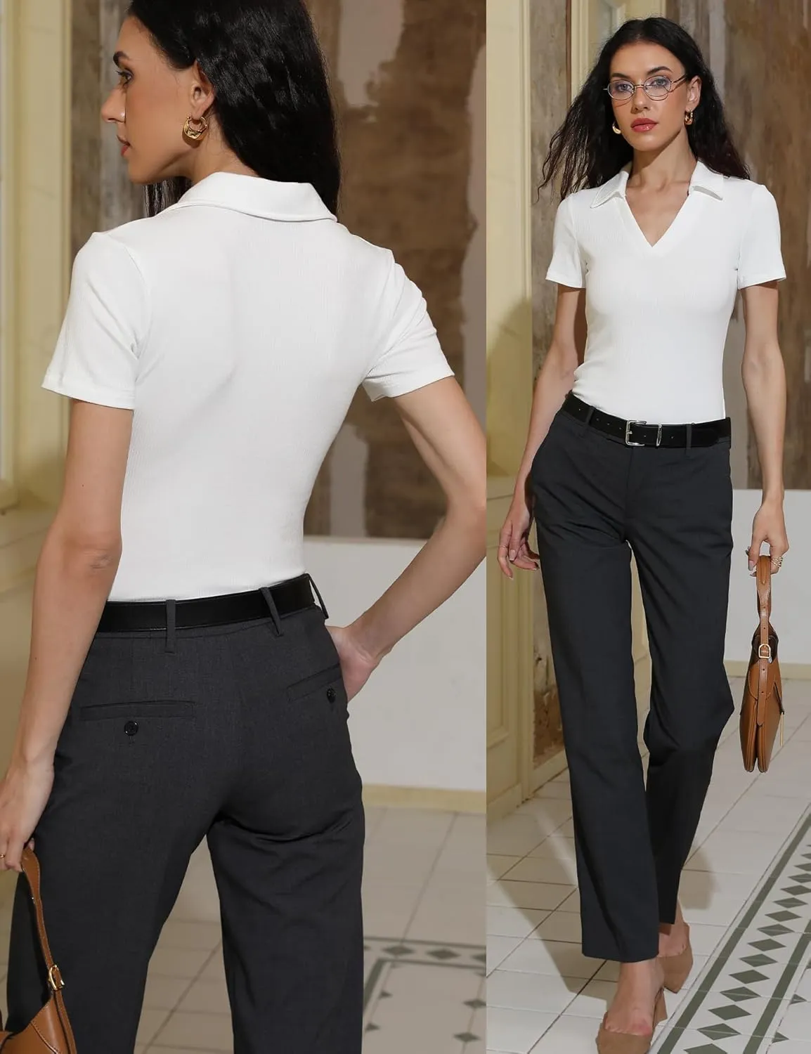 Womens Short Sleeve Business Casual Tops Summer V Neck Polo Work Shirts 2025 Fitted Basic Collared Shirt