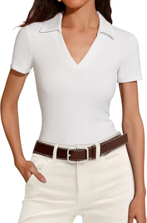 Womens Short Sleeve Business Casual Tops Summer V Neck Polo Work Shirts 2025 Fitted Basic Collared Shirt