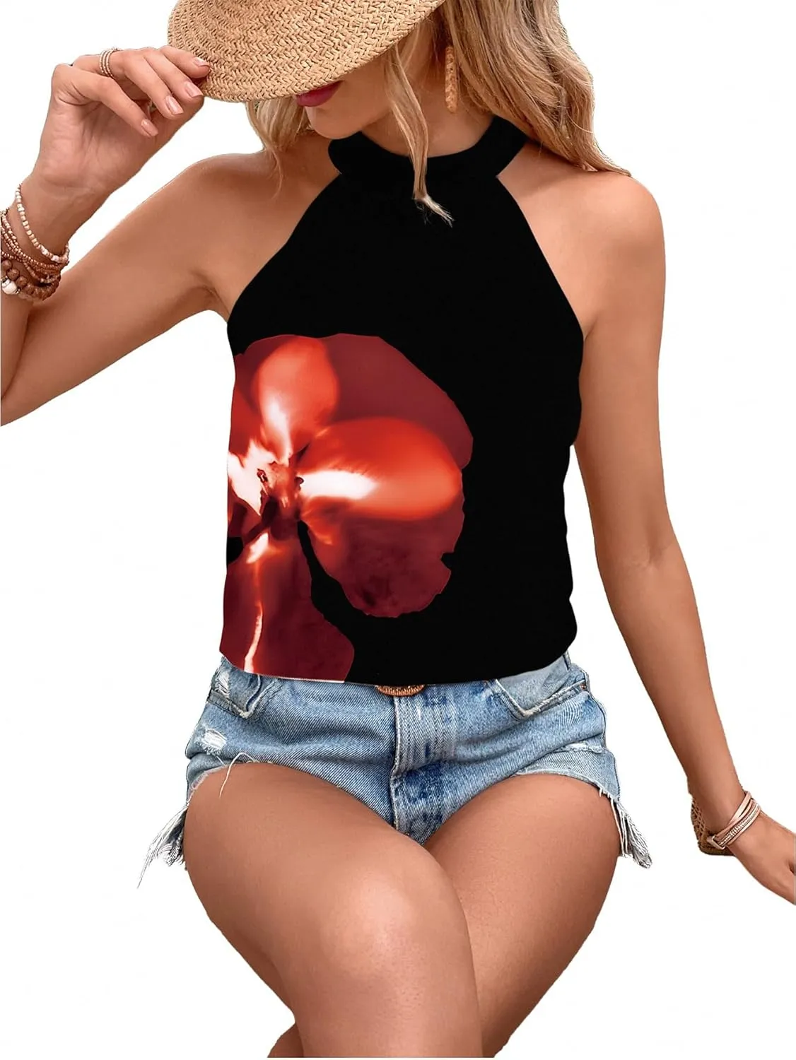 Women's Tropical Paisley Print Halter Blouse Sleeveless Boho Shirt Tops Button Back Vacation Tops