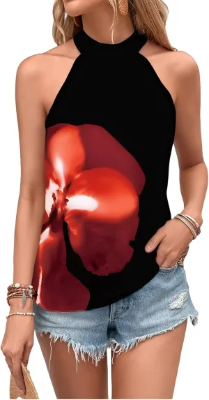 Women's Tropical Paisley Print Halter Blouse Sleeveless Boho Shirt Tops Button Back Vacation Tops