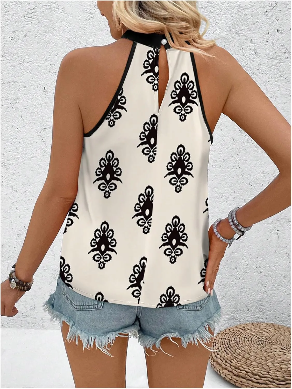 Women's Tropical Paisley Print Halter Blouse Sleeveless Boho Shirt Tops Button Back Vacation Tops