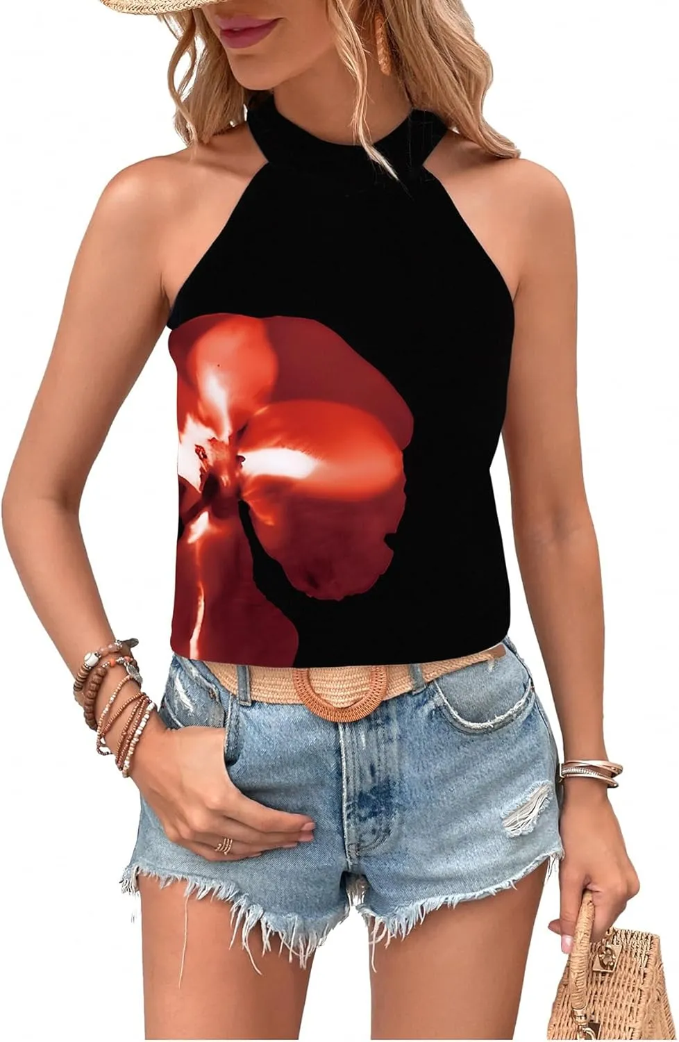 Women's Tropical Paisley Print Halter Blouse Sleeveless Boho Shirt Tops Button Back Vacation Tops