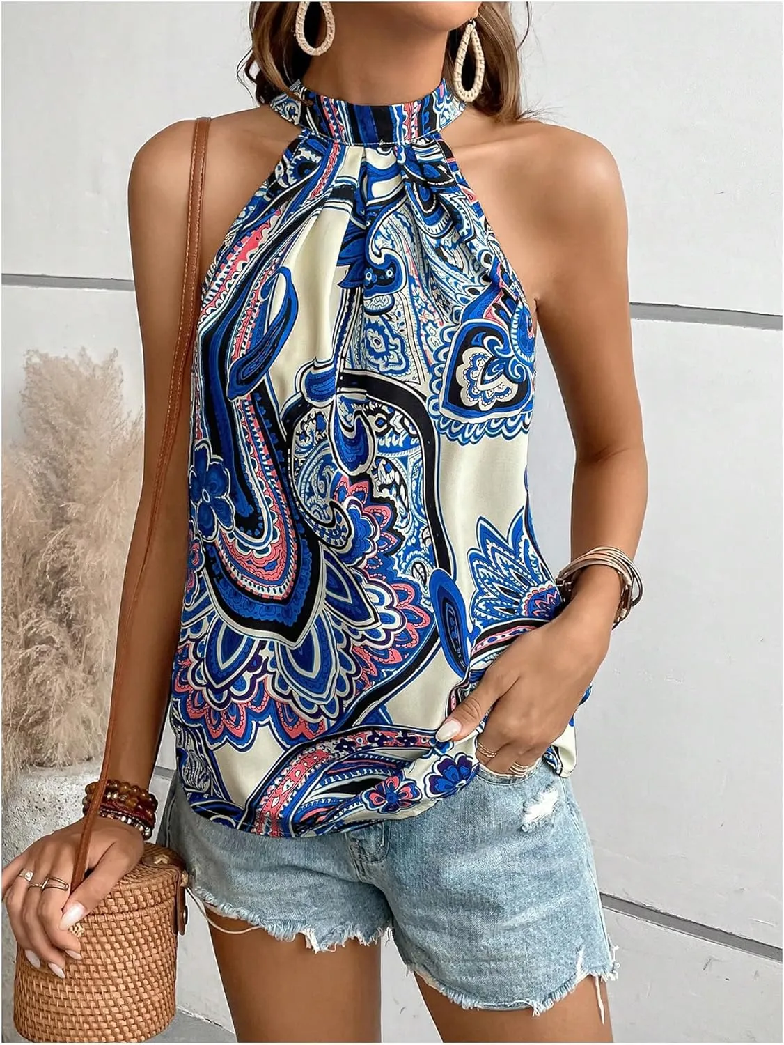 Women's Tropical Paisley Print Halter Blouse Sleeveless Boho Shirt Tops Button Back Vacation Tops