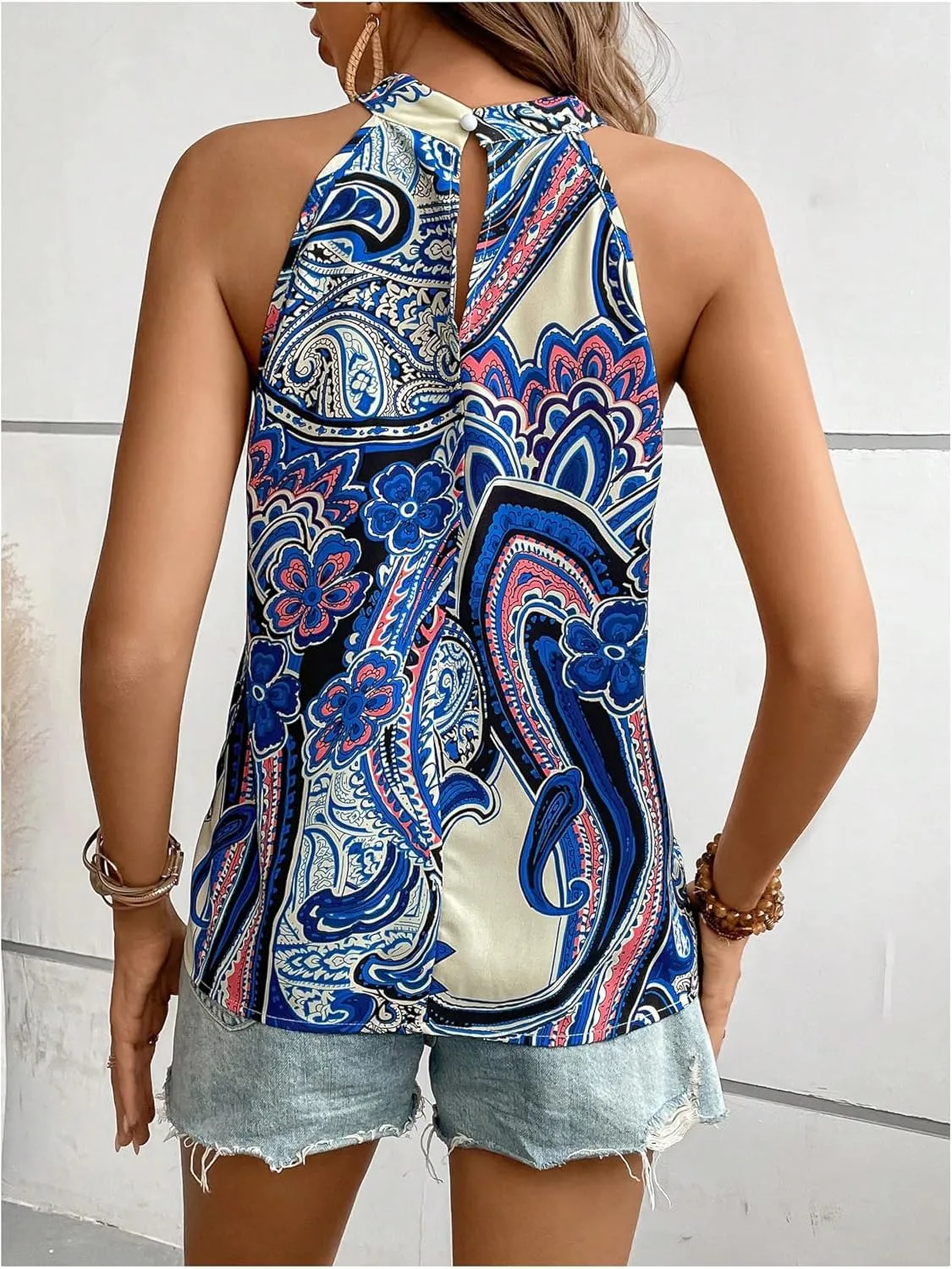 Women's Tropical Paisley Print Halter Blouse Sleeveless Boho Shirt Tops Button Back Vacation Tops