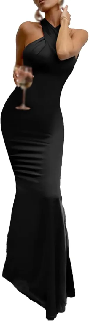 xxxiticat Women's Satin Long Dress Sleeveless Halter Neck Backless Buckle Slip Cold Shoulder Mermaid Prom Party Maxi Dress