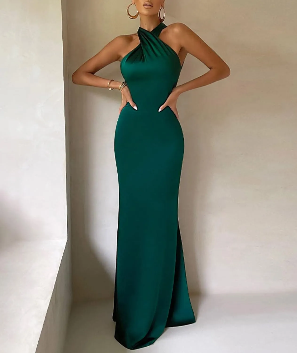 xxxiticat Women's Satin Long Dress Sleeveless Halter Neck Backless Buckle Slip Cold Shoulder Mermaid Prom Party Maxi Dress
