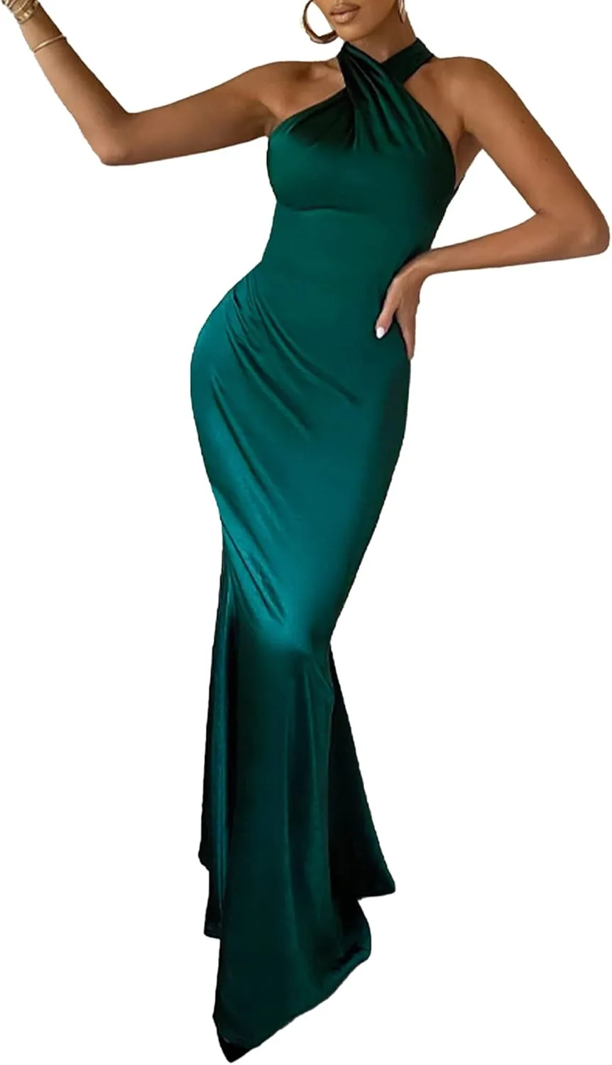 xxxiticat Women's Satin Long Dress Sleeveless Halter Neck Backless Buckle Slip Cold Shoulder Mermaid Prom Party Maxi Dress