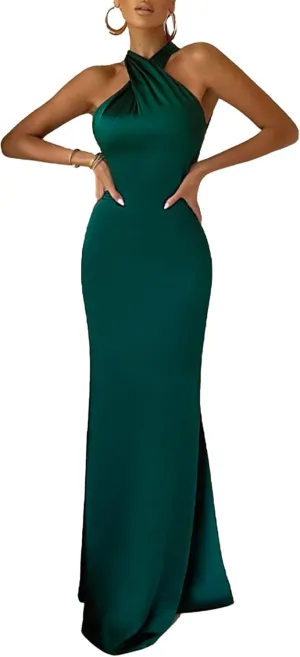 xxxiticat Women's Satin Long Dress Sleeveless Halter Neck Backless Buckle Slip Cold Shoulder Mermaid Prom Party Maxi Dress