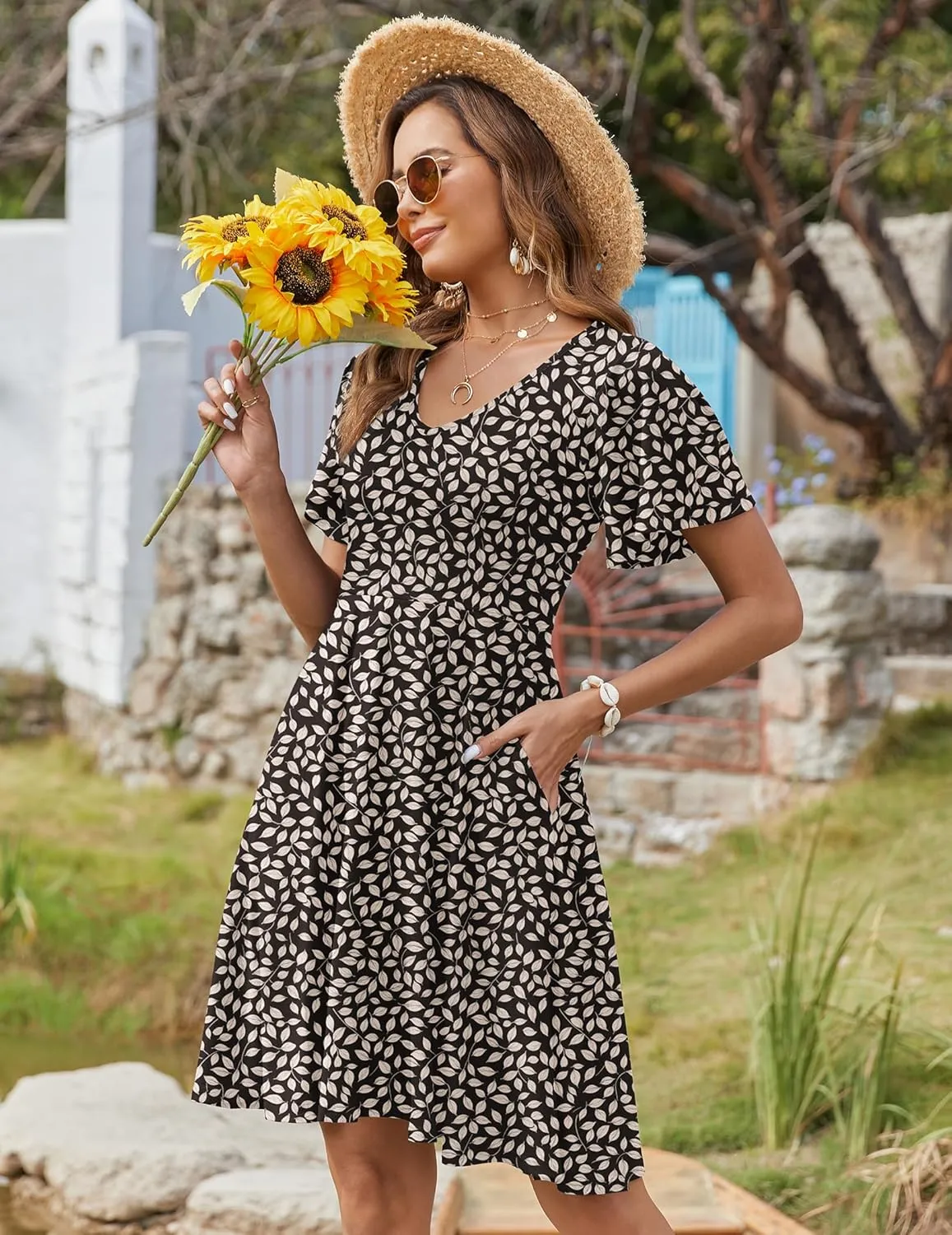 Zeagoo Womens Summer Dress Casual Swing Floral Ruffle Short Sleeve Sundresses Beach Mini A-line Shift Dress 2025 with Pockets